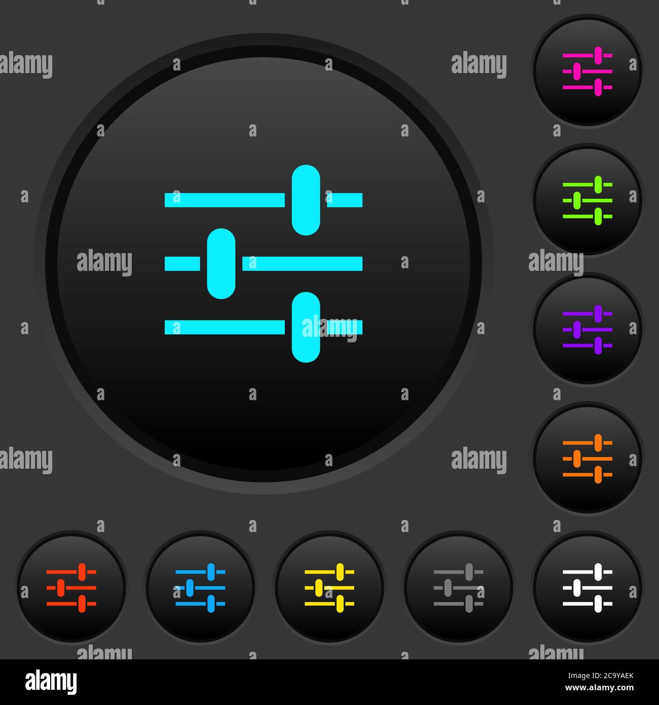 Adjustment dark push buttons with vivid color icons on dark grey ...