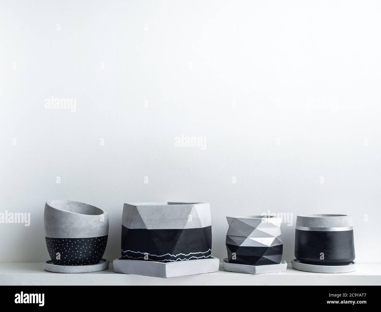 Empty Modern Geometric Concrete Planters On White Shelf Isolated On White Wall Background With Copy Space Beautiful Black And Silver Colour Painted C Stock Photo Alamy