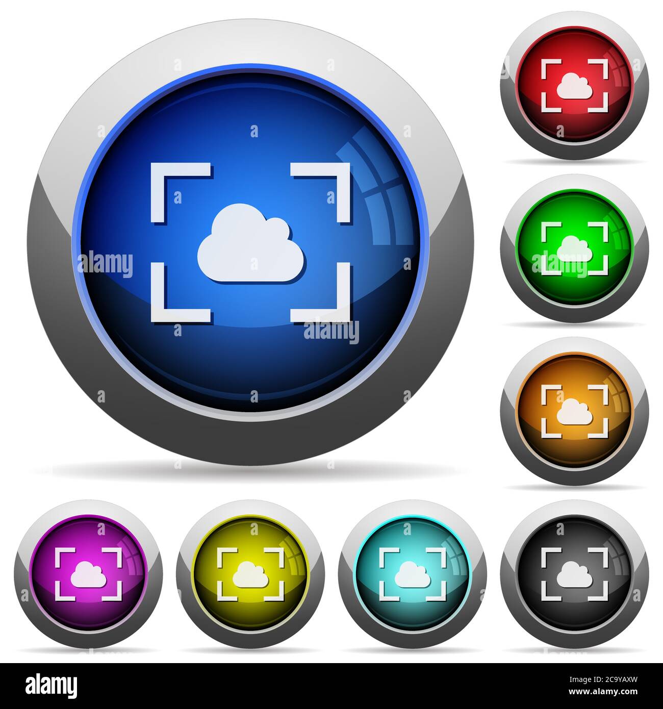 Camera white balance cloudy mode icons in round glossy buttons with steel frames Stock Vector