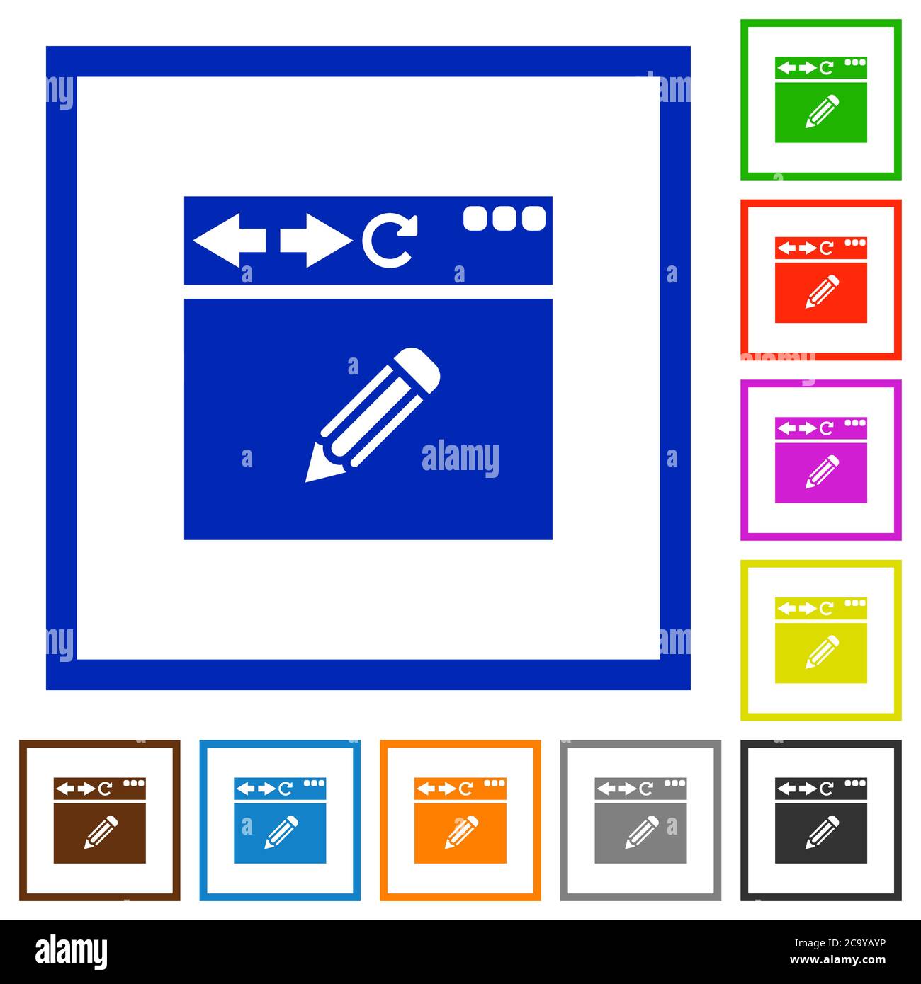 Browser edit flat color icons in square frames on white background Stock Vector