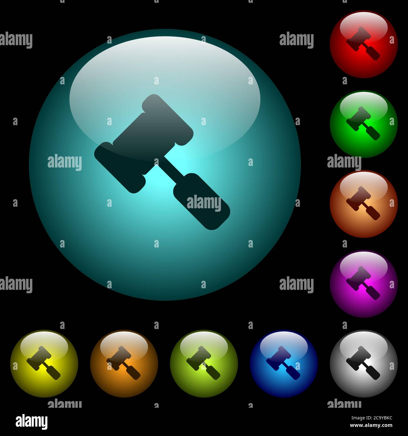 Judge hammer icons in color illuminated spherical glass buttons on ...