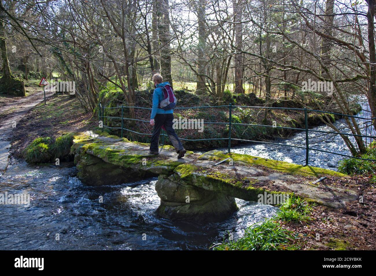 A Hiker Walks Over An Ancient Clapper Bridge By The Ford At Trecarne In Cornwall Uk Stock Photo Alamy