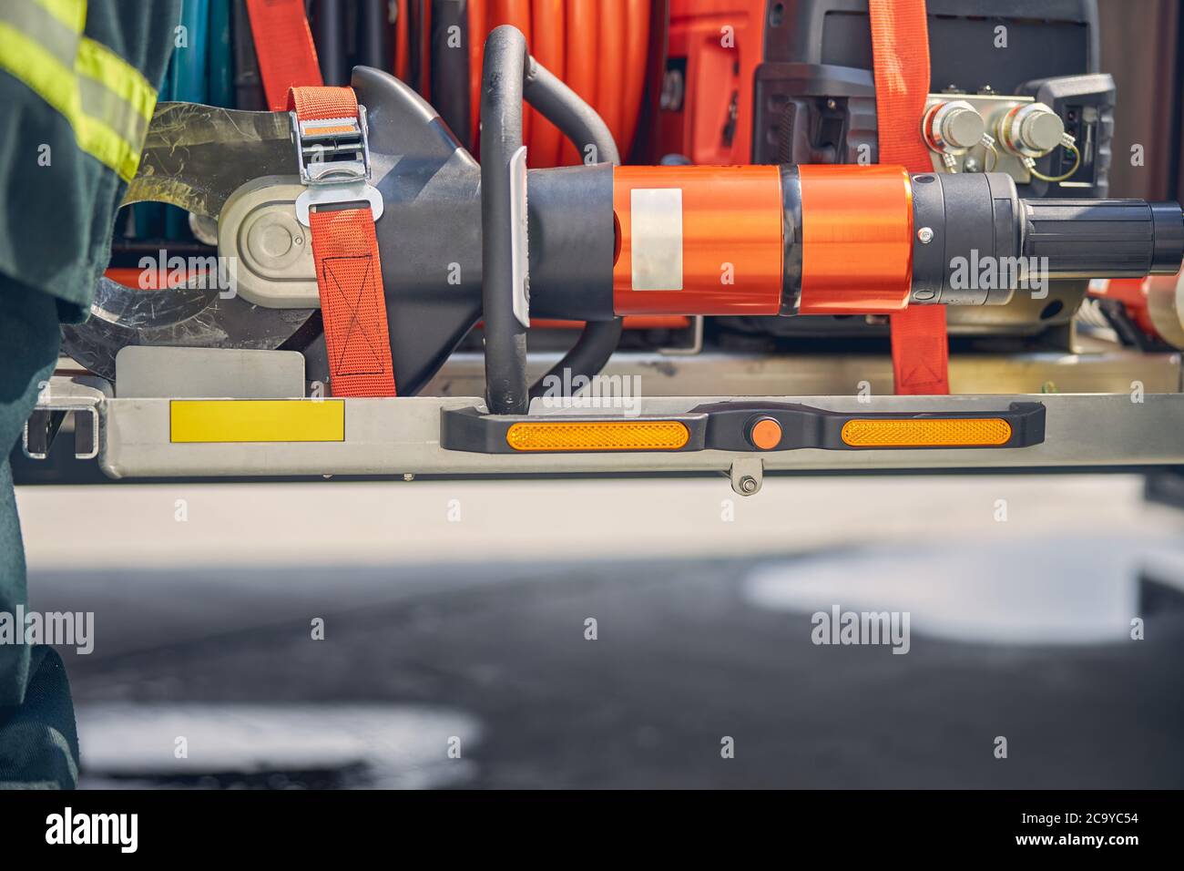 Orange equipment lying on the floor for the emergency work Stock Photo