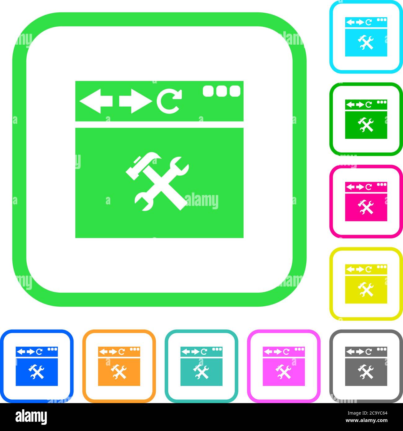 Browser tools vivid colored flat icons in curved borders on white background Stock Vector