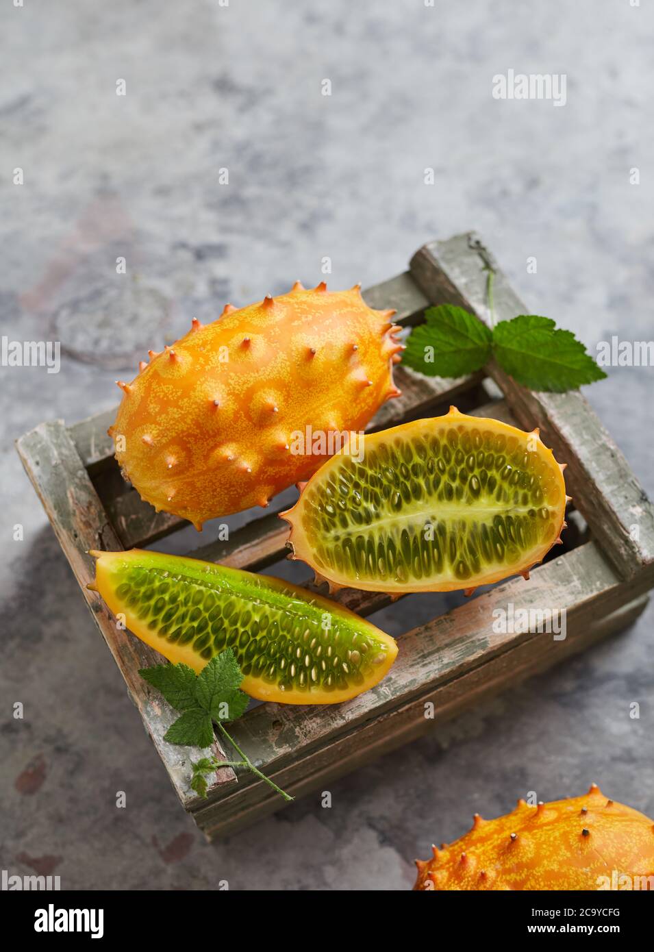 Kiwano fruit on a crate Stock Photo