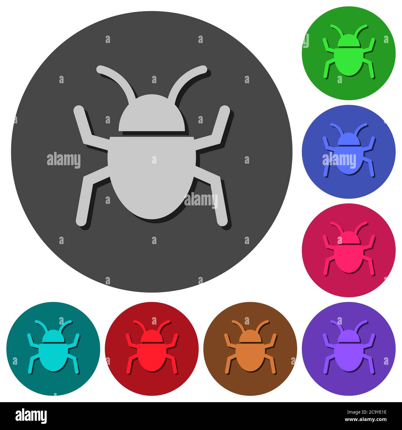 Bug icons with shadows on color round backgrounds for material design ...