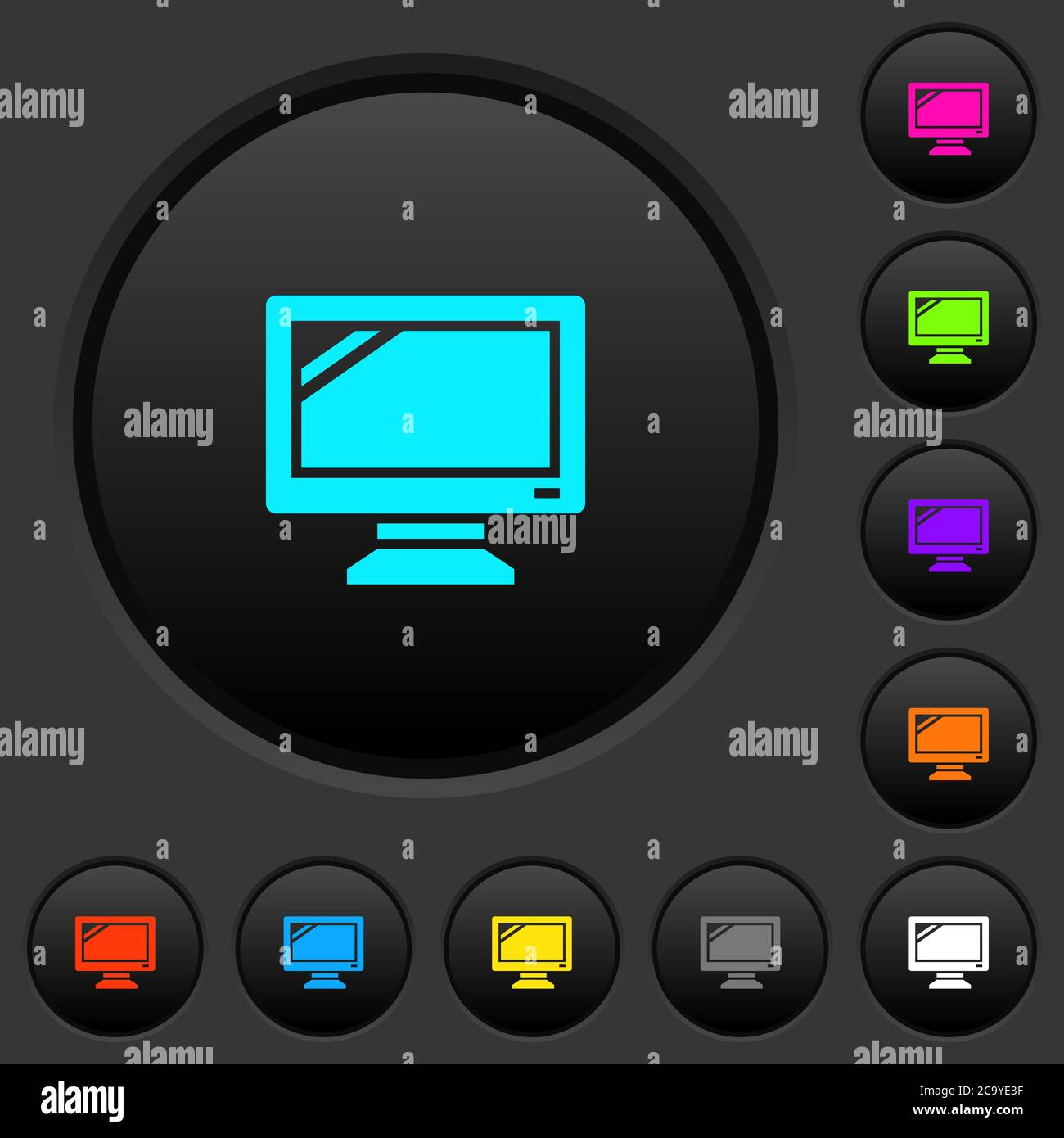 Monitor dark push buttons with vivid color icons on dark grey ...