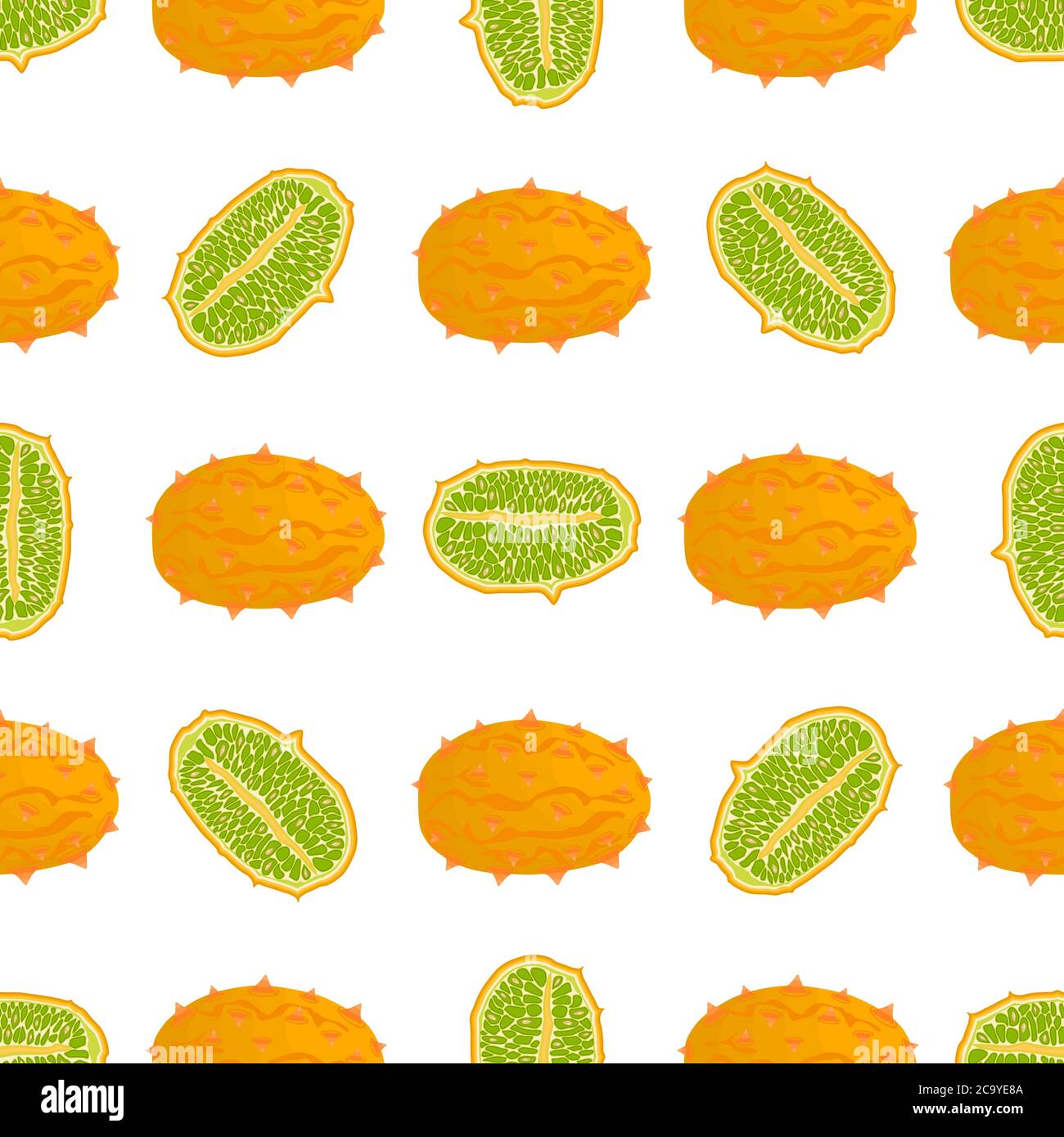 Illustration on theme big colored seamless kiwano, bright fruit pattern for seal. Fruit pattern consisting of beautiful seamless repeat kiwano. Simple Stock Vector