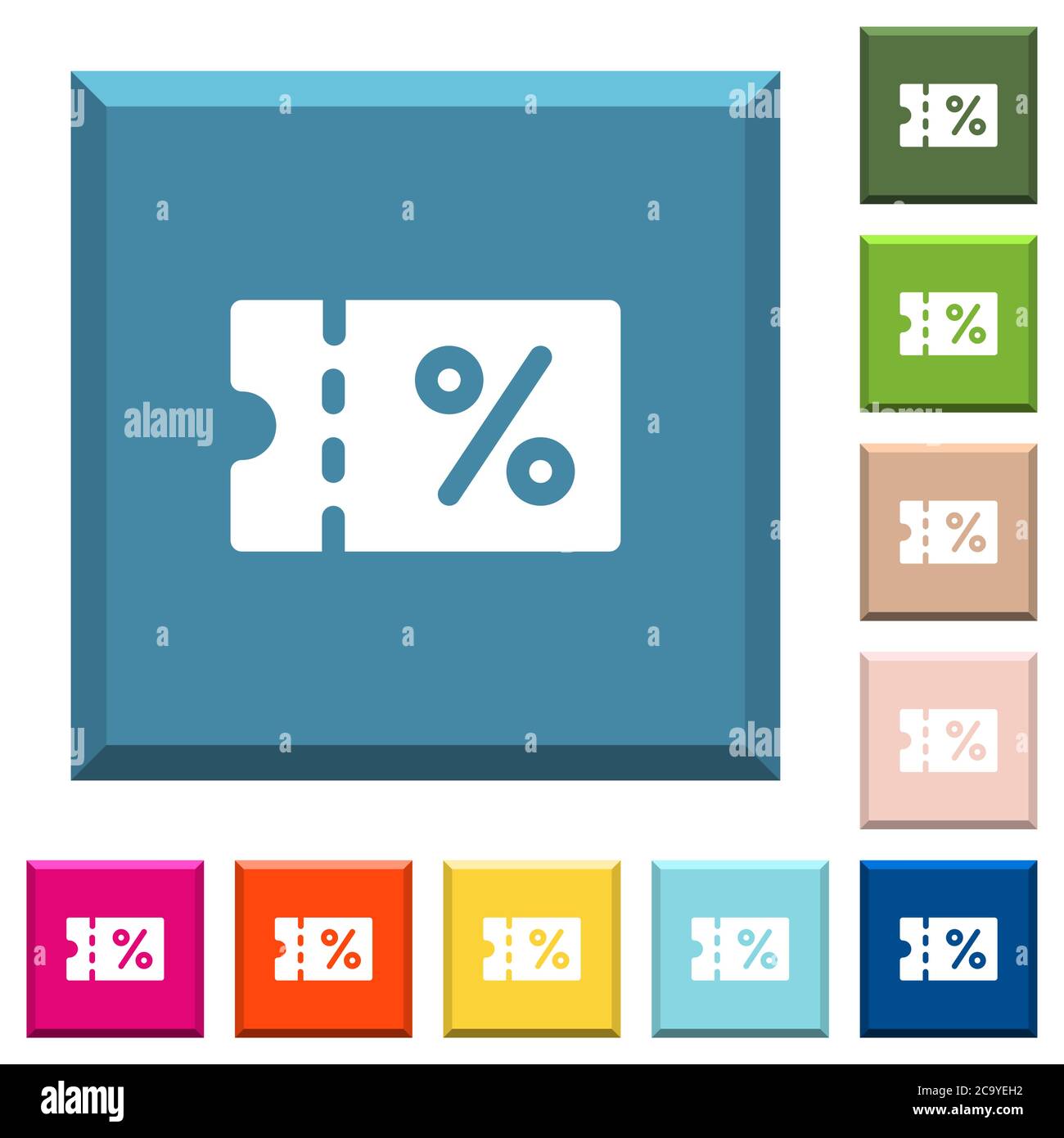 Coupon white icons on edged square buttons in various trendy colors ...