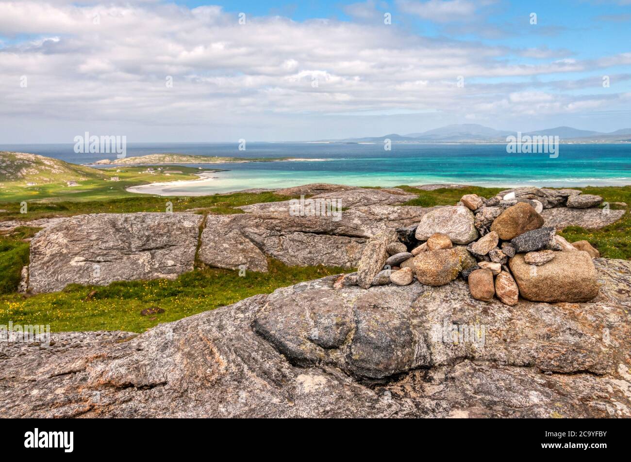 View north from the summit of Beinn Eolaigearraidh in the north of the island of Barra in the Outer Hebrides. Stock Photo