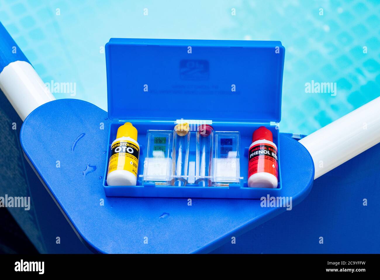 Pool testing kit for water Cloro and ph levels Stock Photo