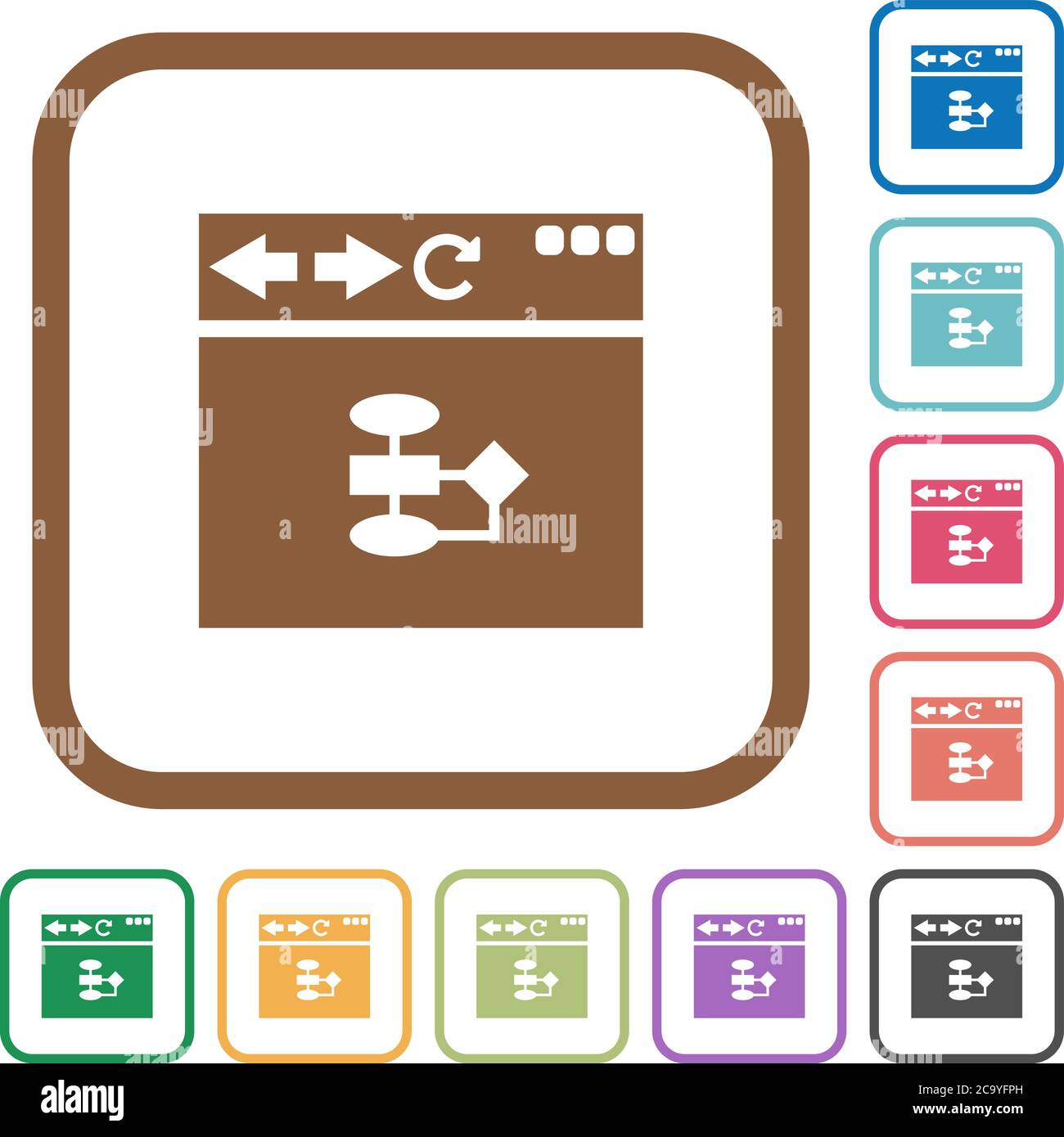Browser flow chart simple icons in color rounded square frames on white background Stock Vector