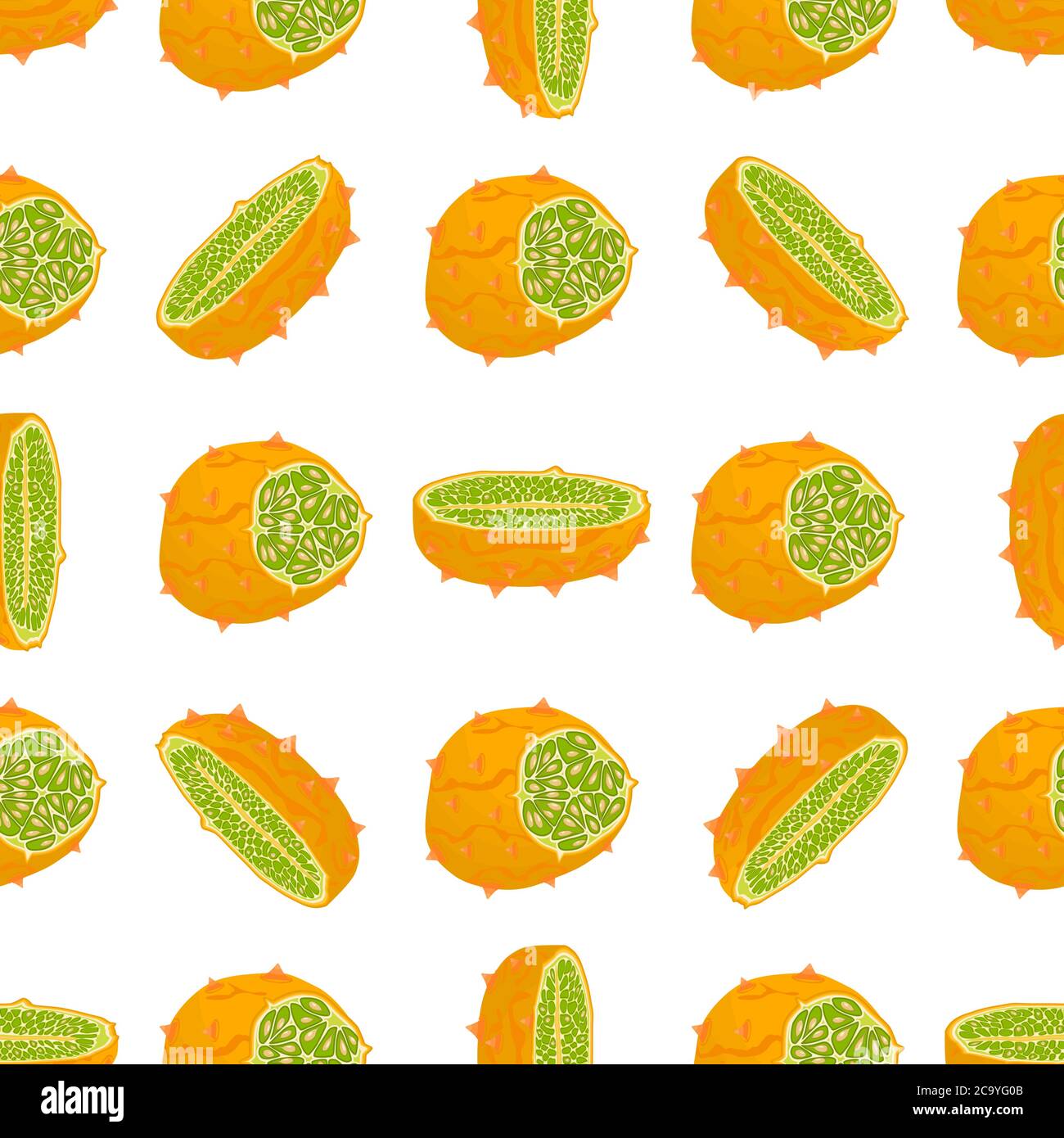 Illustration on theme big colored seamless kiwano, bright fruit pattern for seal. Fruit pattern consisting of beautiful seamless repeat kiwano. Simple Stock Vector