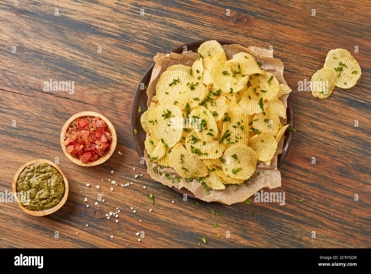 Potato chips with dipping sauces Stock Photo Alamy