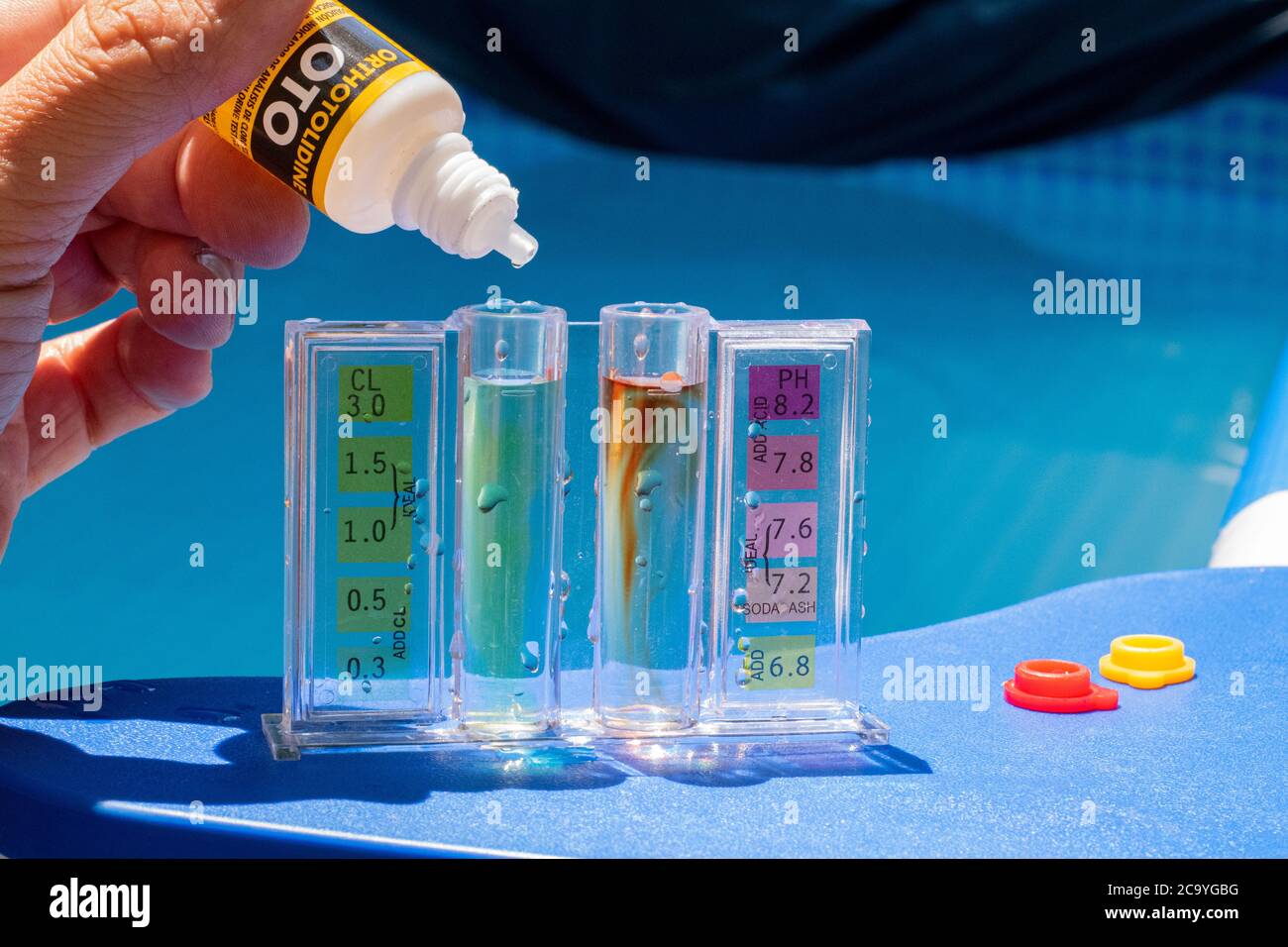 Pool testing kit for water Cloro and ph levels in home pools Stock Photo