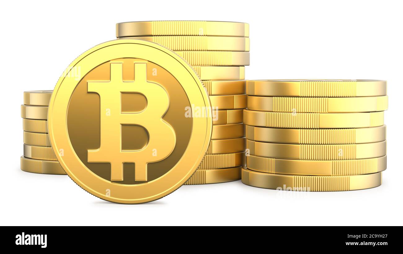 Golden Bitcoins And New Virtual Money Concept, 3d Rendering Isolated On ...