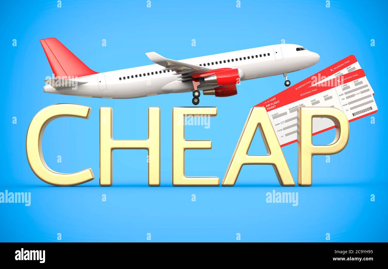 3d render airline, air tickets with airplane, airliner and gold text is cheap, on the blue background. Symbolizing cheap flight tickets. Stock Photo