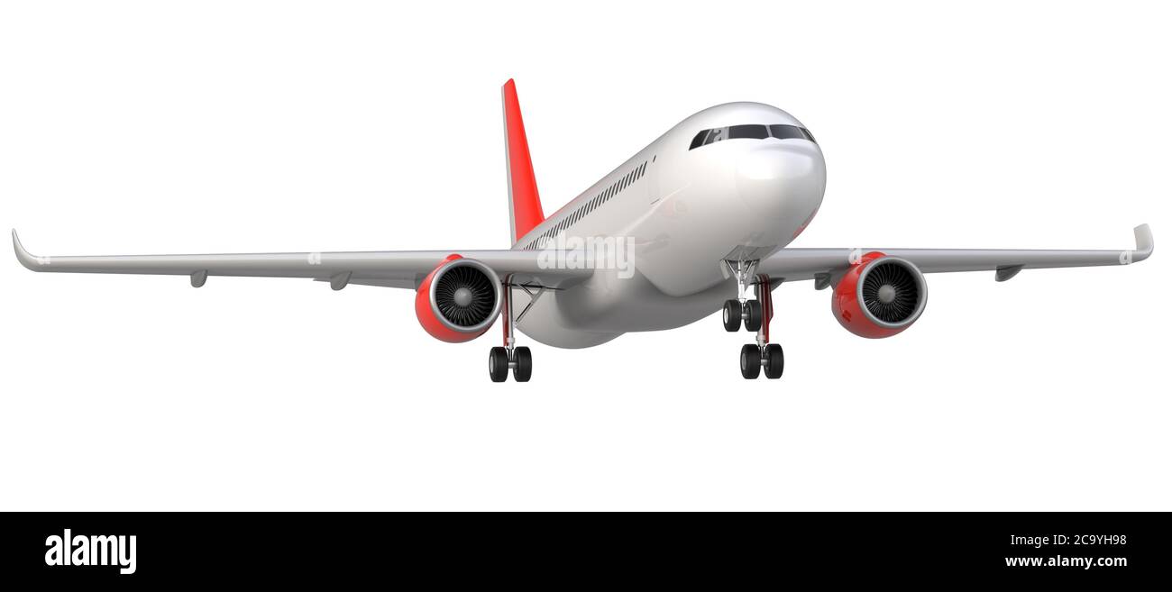 High detailed white airliner with a red tail wing, 3d render on a white background. Airplane Take Off, isolated 3d illustration. Airline Concept Trave Stock Photo