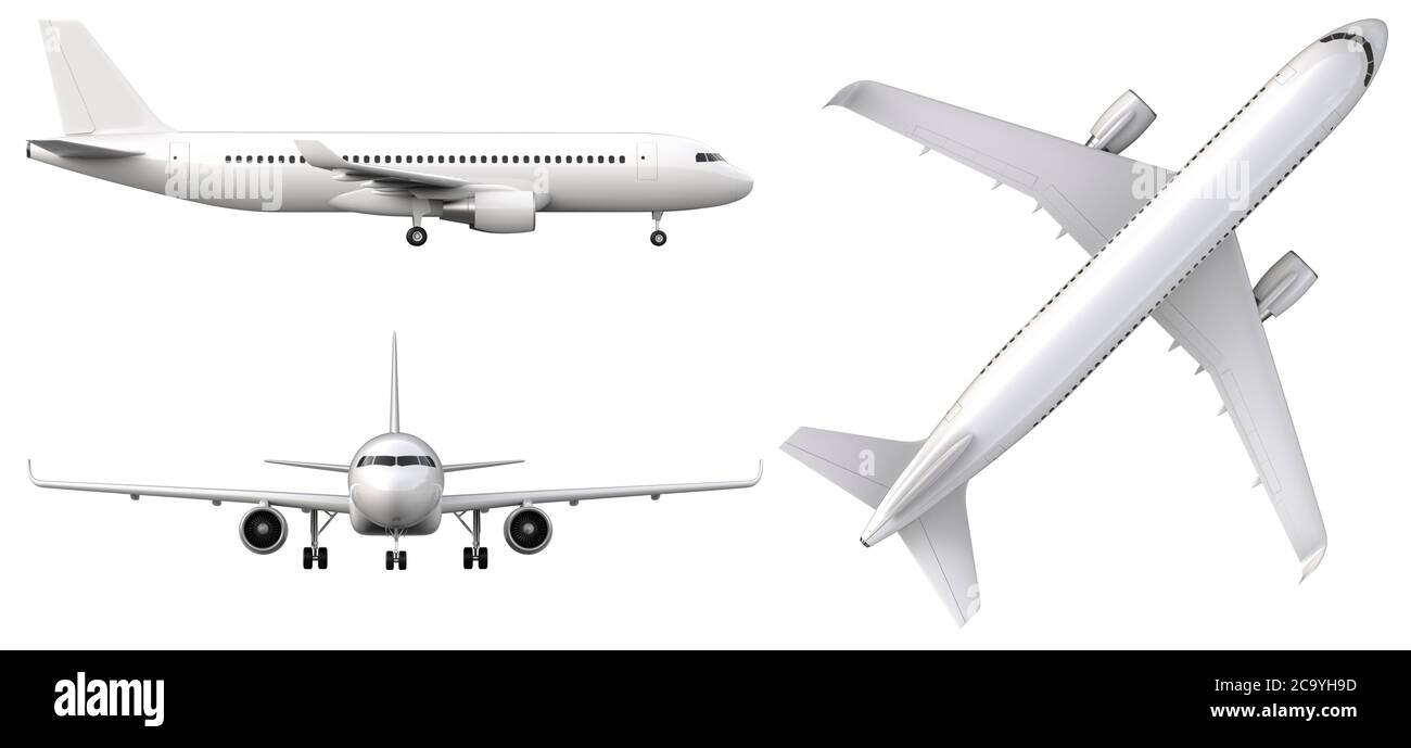 High detailed white airplane, 3d render on a white background. Airplane in profile, from the front and top view isolated 3d illustration Airline Conce Stock Photo