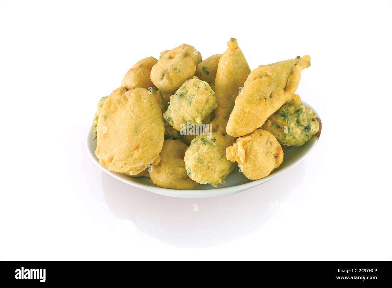 Methi Gota (fenugreek) Pakoda, Chili pakoda, potato pakoda (vada) or Fritters indian food snack, bhajiya, white background, photographi - Image Stock Photo