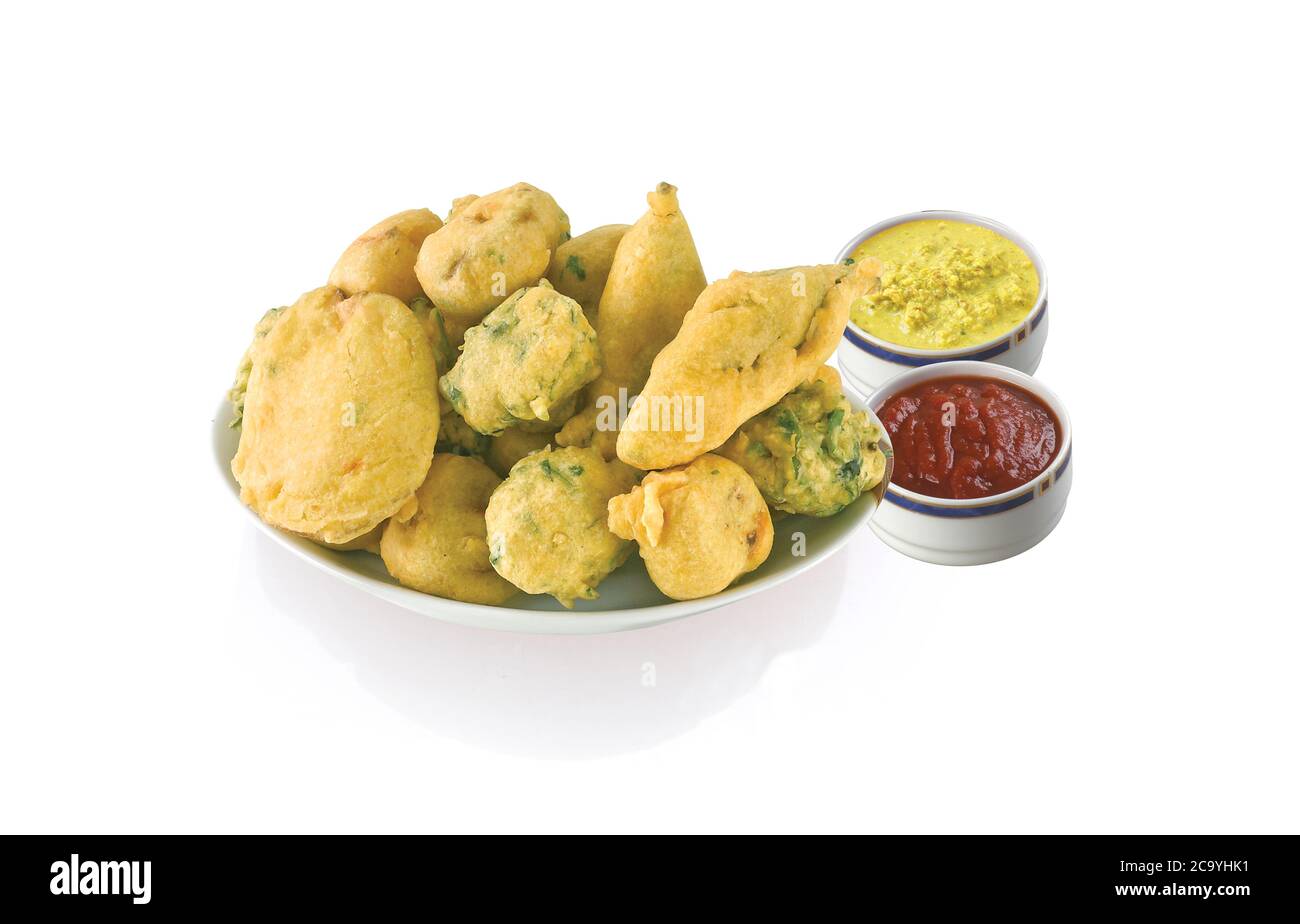 Methi Gota (fenugreek) Pakoda, Chili pakoda, potato pakoda (vada) or Fritters indian food snack, bhajiya, white background, photographi - Image Stock Photo