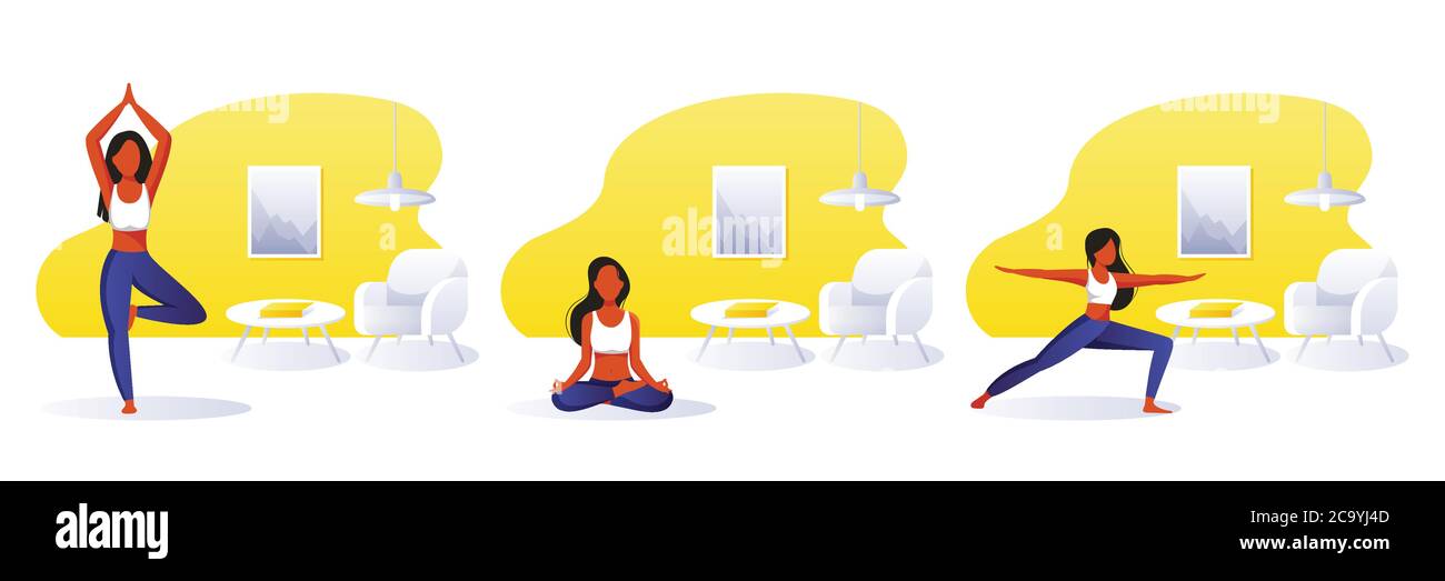 Home yoga exercise practice, meditation. Young woman doing yoga in modern room. Vector flat cartoon illustrations. Healthy lifestyle and relaxing time Stock Vector