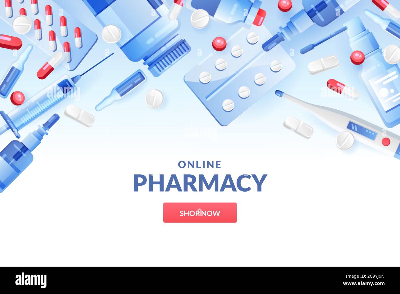 Medicine and pharmacy abstract background in blue and white colors. Drugstore banner or poster design template with pills, drugs, medical bottles. Vec Stock Vector