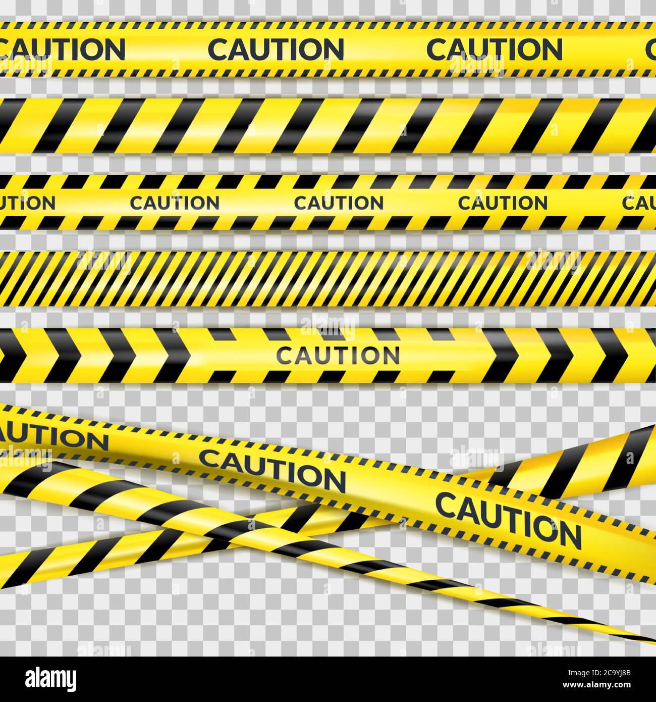 Caution security tape on transparent background. Vector 3d realistic illustration of protective danger line. Reconstruction or maintenance, safety bar Stock Vector