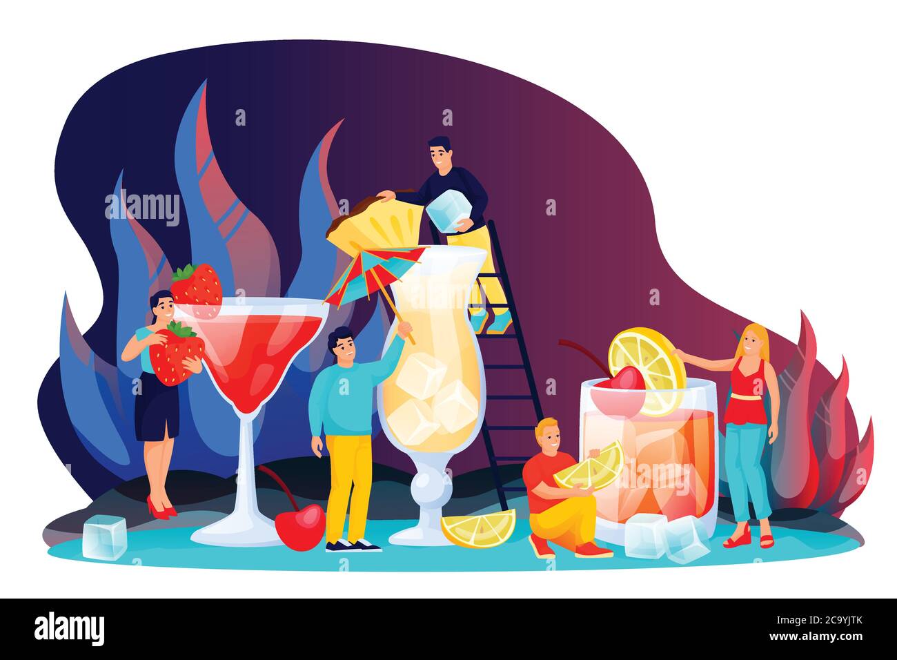 Popular Cocktails Making Vector Flat Cartoon Characters Happy Young People Prepare Old Fashioned Cocktail Pina Colada And Strawberries Daiquiri Alc Stock Vector Image Art Alamy