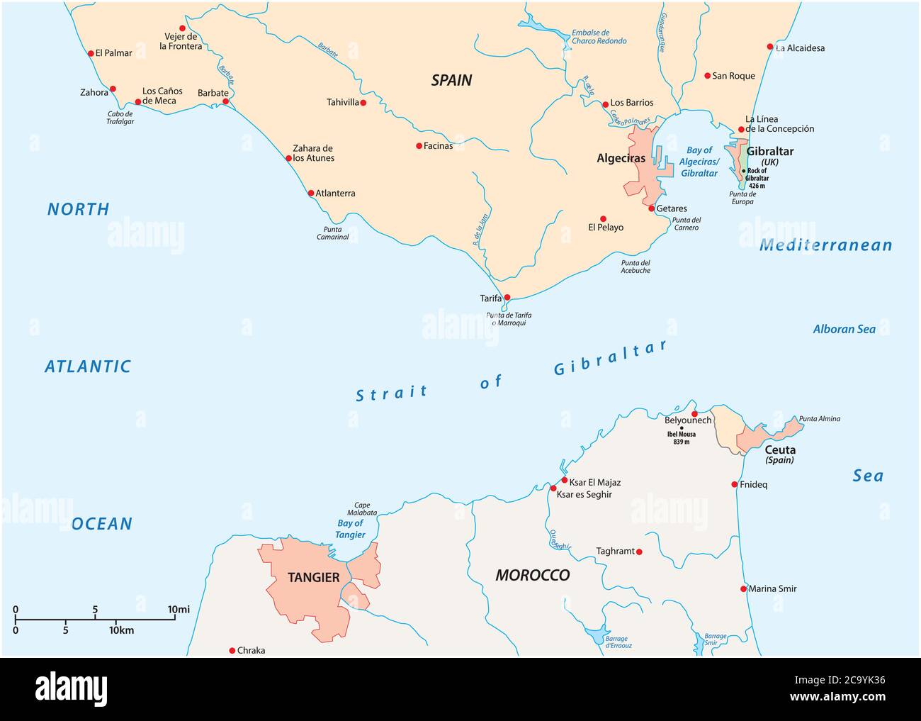 Strait of Gibraltar, waterway between Spain and Morocco vector map Stock Vector
