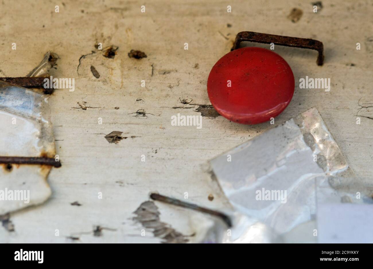 Macro shot of a red drawing pin in a well used notice board Stock Photo