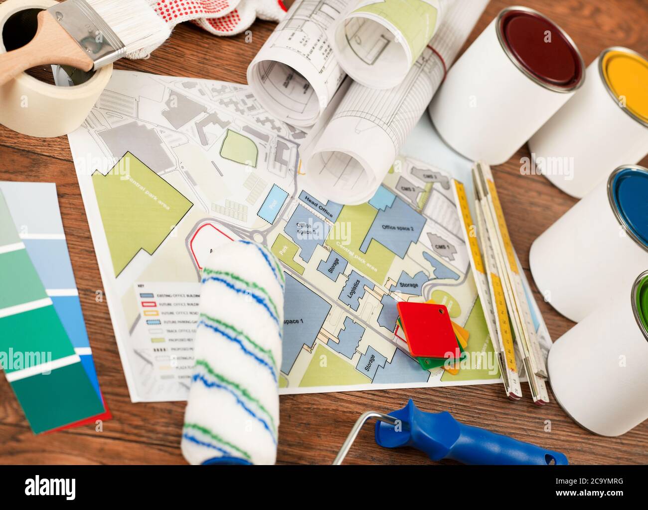 Construction plans and tools Stock Photo