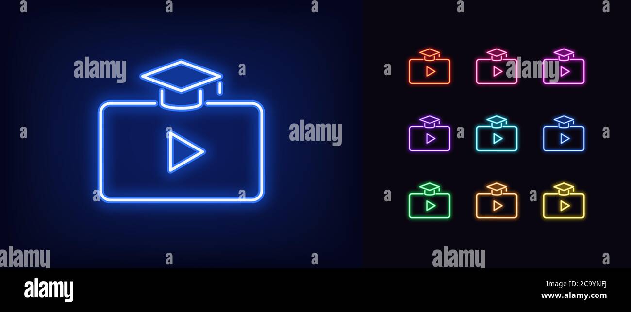 Neon video course icon. Glowing neon webinar sign, digital study in vivid colors. Online education platform, distance learning, teaching tutorial. Ico Stock Vector