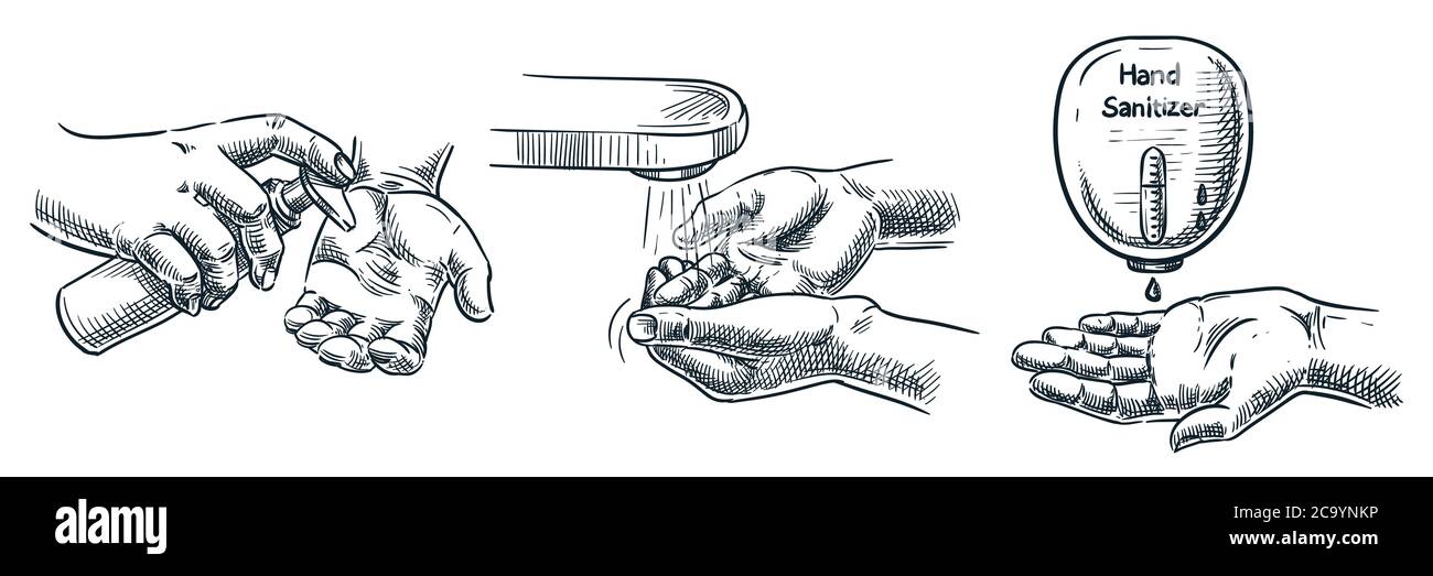 Hygiene, sanitation, disinfection, vector hand drawn sketch illustration. Human hand applying soap, antibacterial gel, antiseptic sanitizer. Washing h Stock Vector