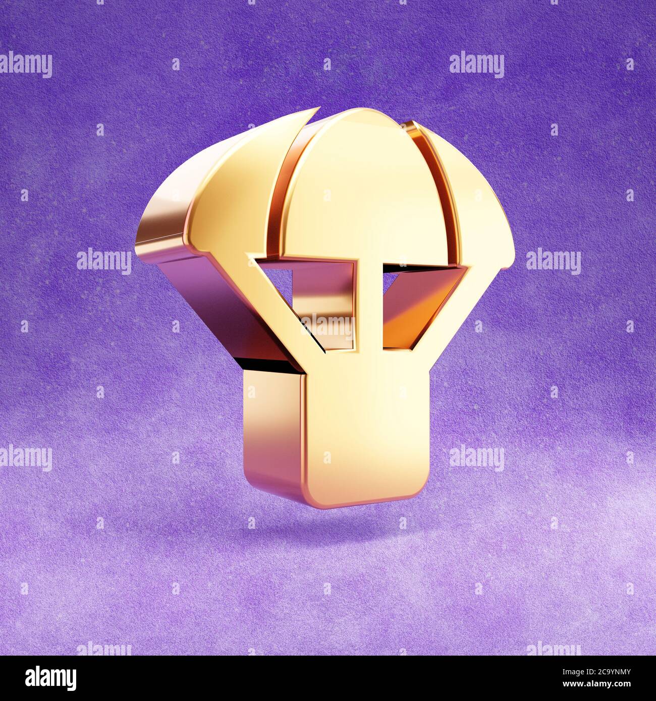 Parachute box icon. Gold glossy airdrop symbol isolated on violet velvet background. Modern icon for website, social media, presentation, design template element. 3D render. Stock Photo