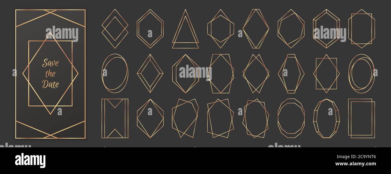 Gold polygonal frames collection isolated on dark grey background. Stock Vector