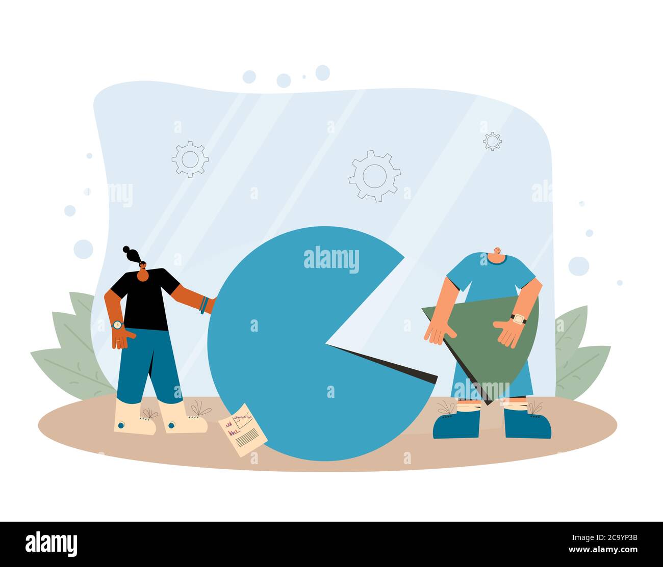 Data analytics. Financial report concept. Business presentation preparation. Tiny people with huge circular diagram and graph. Vector flat illustratio Stock Vector