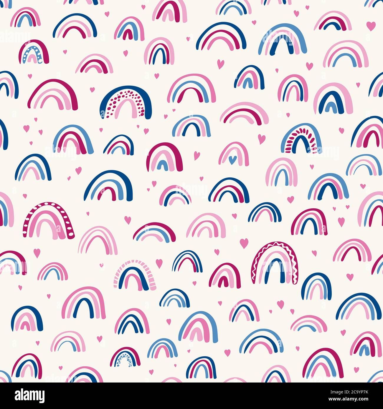 Cute childish rainbows and hearts seamless vector pattern. Nursery children pattern. Scandinavian wallpaper for kids. Hand drawn rainbow doodle backgr Stock Vector