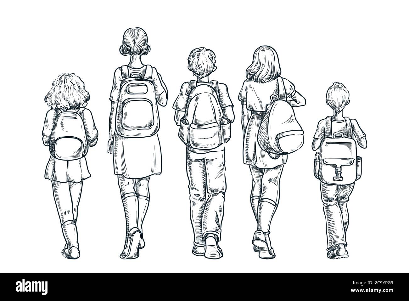 Back to school or first day at school concept. Kids schoolchildren with backpacks going to lessons. Vector hand drawn sketch back view illustration, i Stock Vector