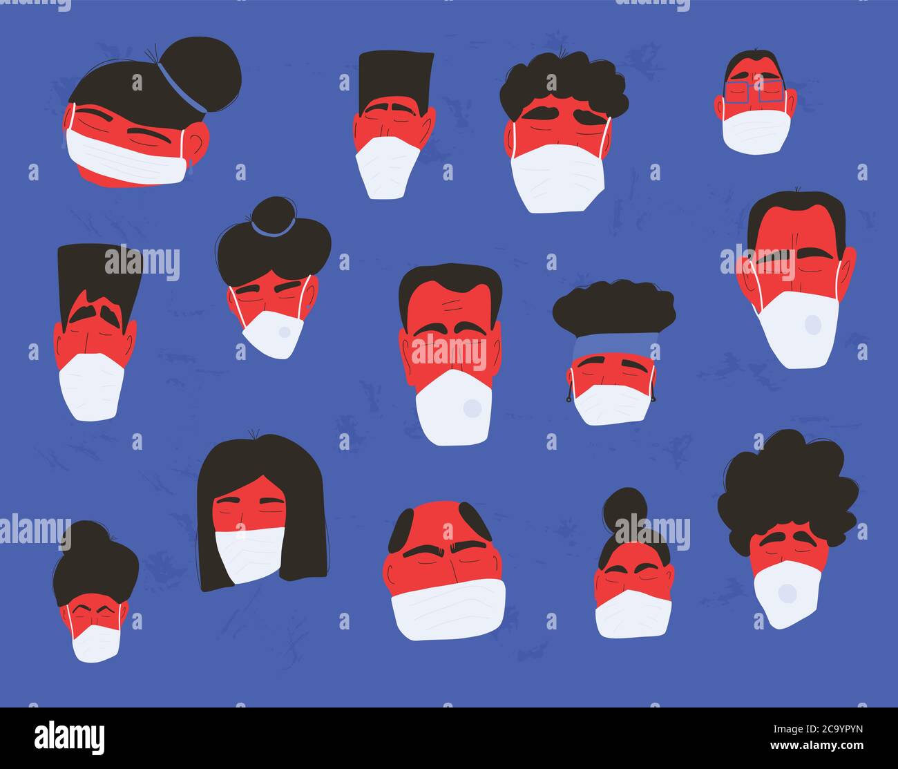 Coronavirus protection concept. Men and women in white medical face mask. Characters in prevention masks. Crowd of people protecting from virus infect Stock Vector