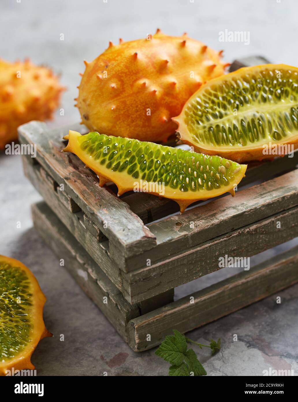 Kiwano fruits on crate Stock Photo Alamy