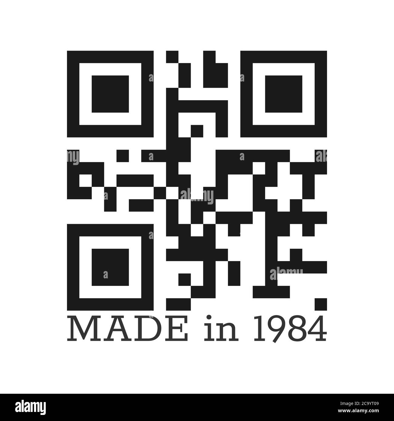 Made in 1984. Vector stylized lettering with a real QR code. Vector illustration for clothing, textiles and greetings isolated on a white background. Stock Vector