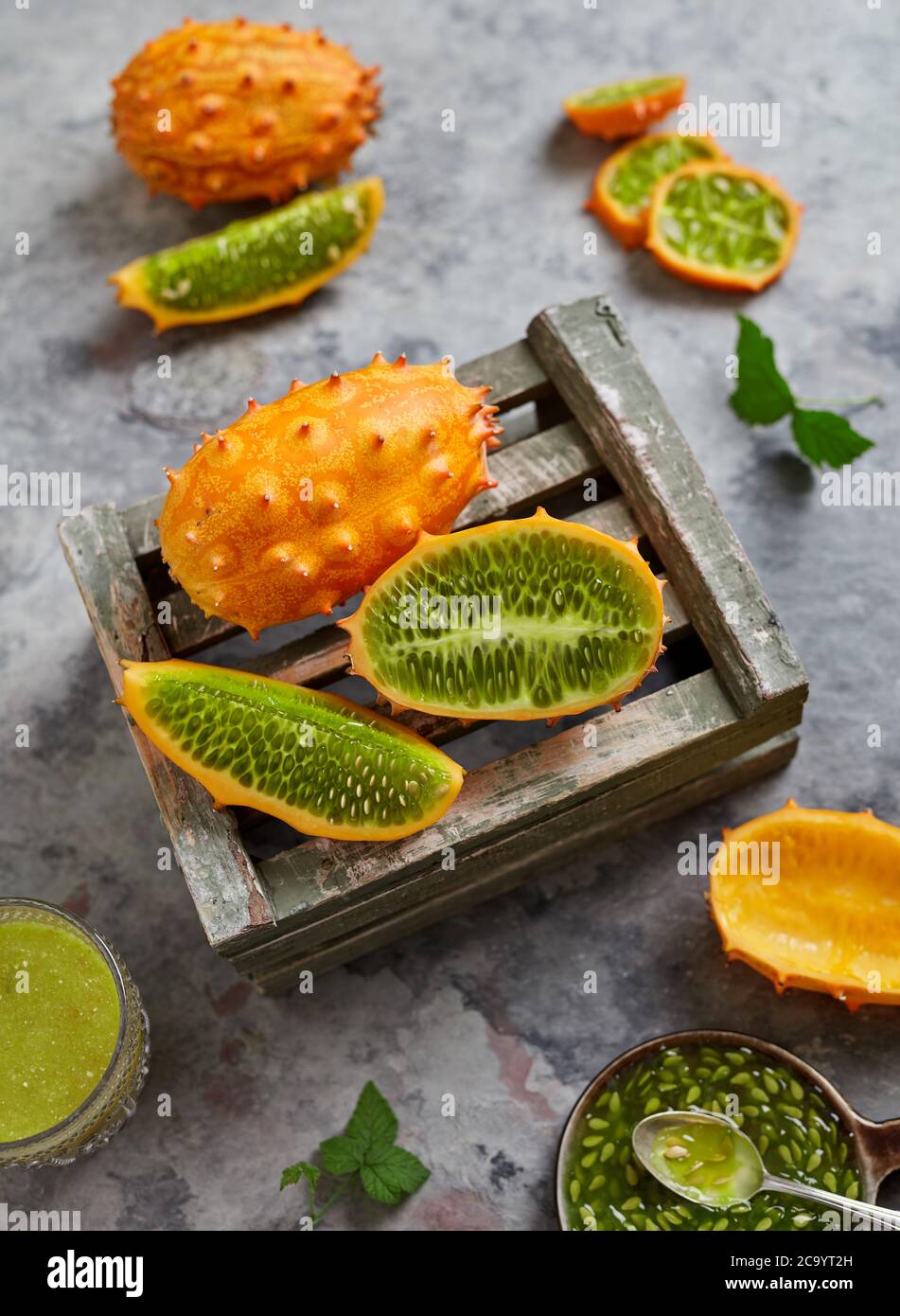 Kiwano fruits on crate Stock Photo Alamy
