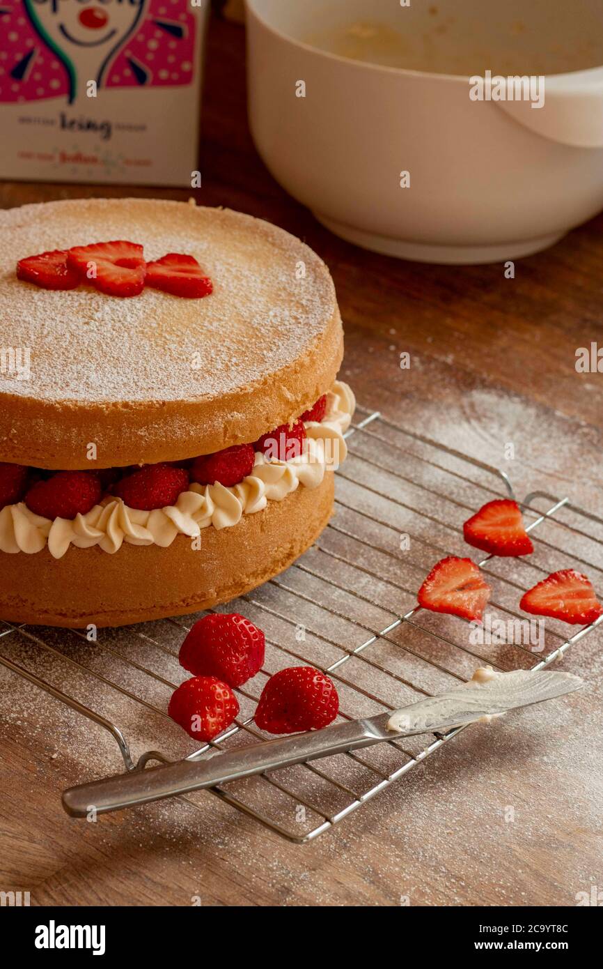 Vanilla and Strawberry Victoria sponge cake Stock Photo
