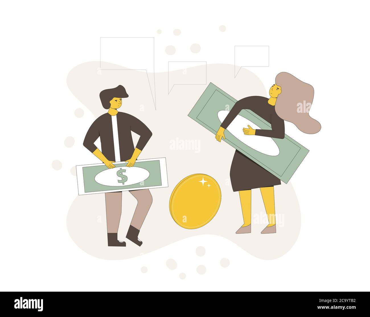 Life savings concept. Two characters with money. Line art flat vector illustration. Stock Vector
