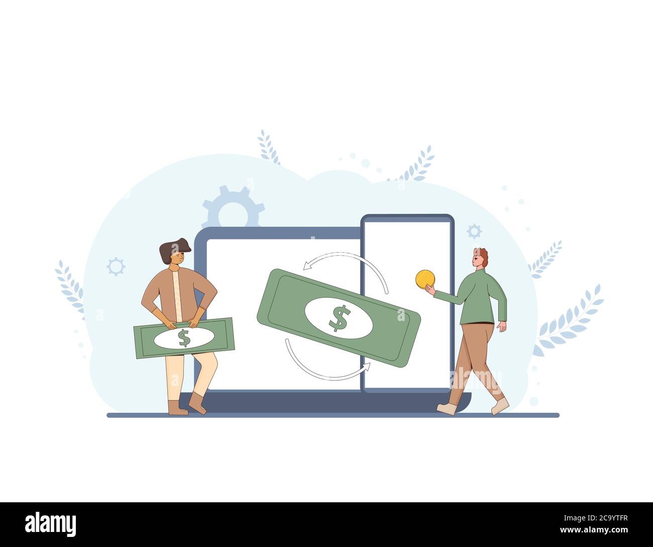 Currency exchange concept. Financial services. Cryptocurrency. digital money. Cash back.  Line art flat vector illustration. Stock Vector