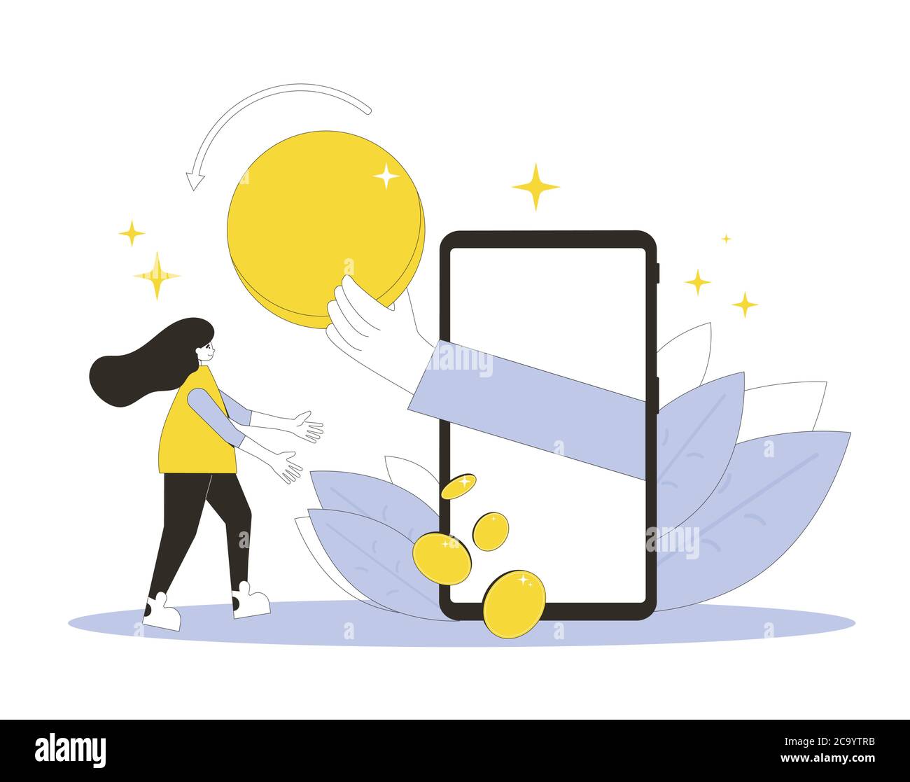 Cashback concept. Cash back. Big hand in phone screen giving money to young woman. Teenage girl get huge digital coin. Line art flat vector illustrati Stock Vector