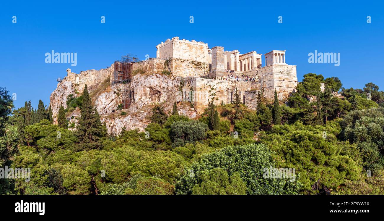 Panoramic view of Acropolis, Athens, Greece. Famous Acropolis hill is top landmark in Athens. Urban landscape with ancient Greek ruins in Athens city Stock Photo