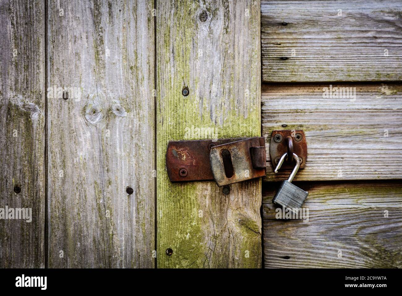 Rustic wooden shed with rusty hinge and open padlock Stock Photo - Alamy