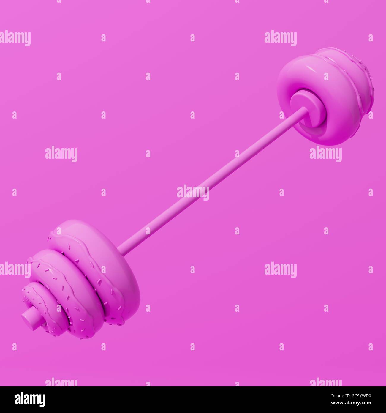 Stylized gym barbell made of donuts on a pink background. Weight and fat loss. Dieting, sugar craving, additction Stock Photo